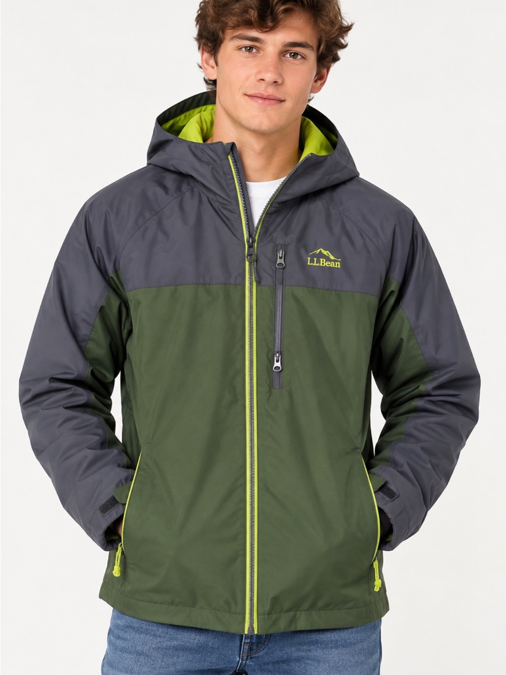 L.L.Bean Boys L 14-16 3-in-1 Hooded Jacket Removable Fleece Green Gray